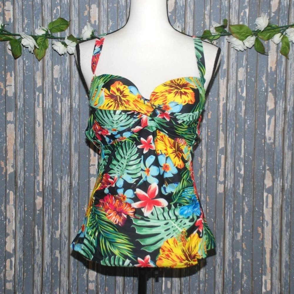 Hawaiian Tropical Tankini Swimsuit Top Size XL Adjustable Straps Built in Bra